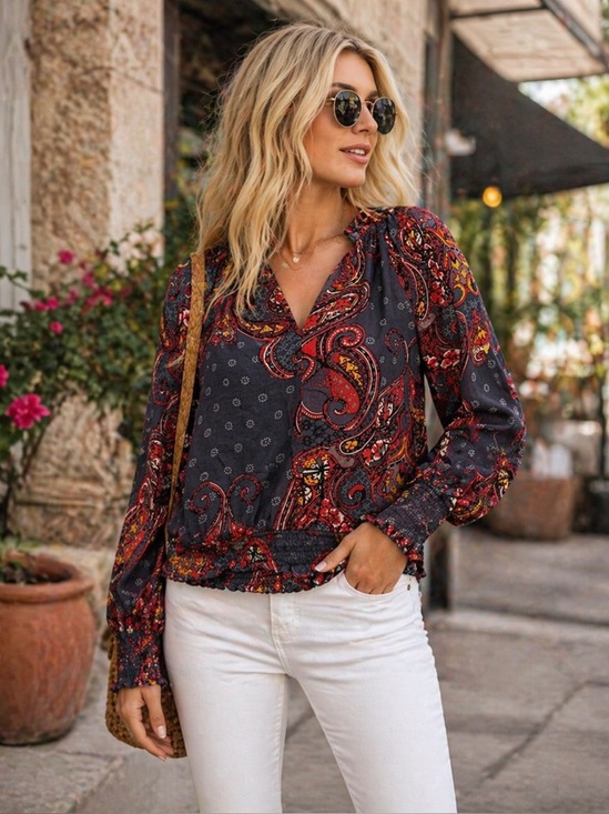 Tops - ♥️💕💙Lascana for Venus Paisley Blouse XS Boho Smocked Top Long Sleeve Peasant
